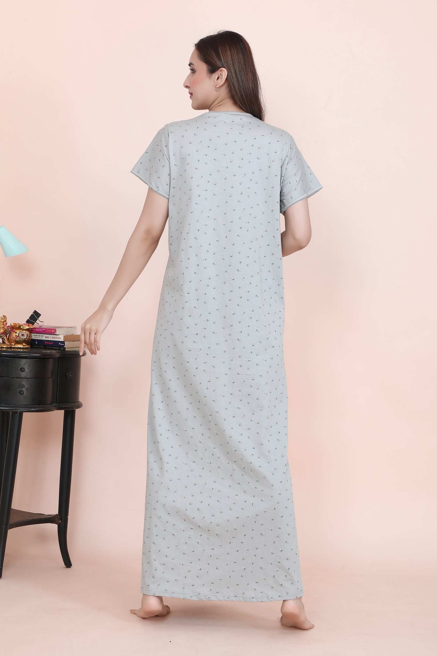 Velure Grey Floral Print Hosiery Nighty - Velure - - Full Length Nighty, Half Sleeves Nighty, Hosiery Cotton, Printed