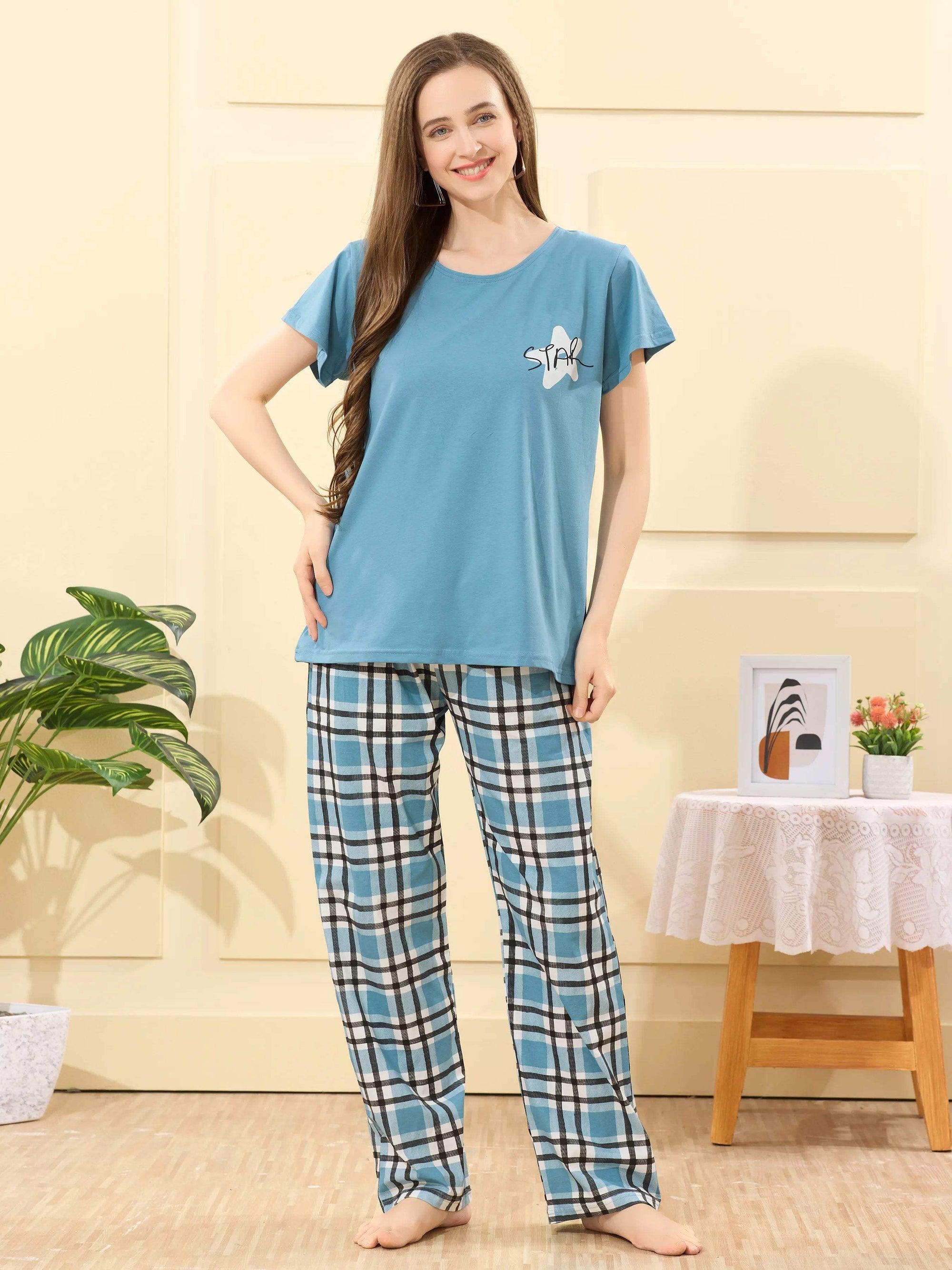 Velure Luxurious Printed Pajama Set - Velure - - Cotton Lycra Fabric, Full Length Pant, Half Sleeves, Round neck nightsuit