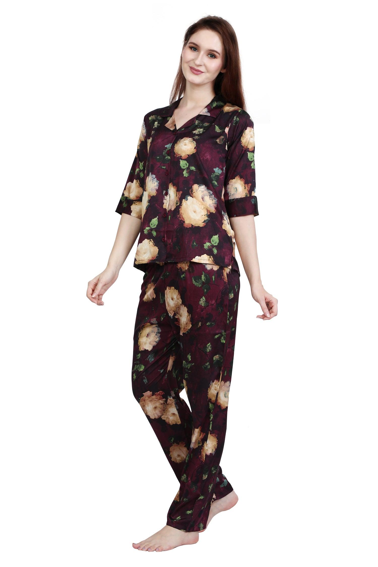 Velure Trendy Floral Satin Print Night Suit - Velure - Shirt and Pant - Abstract Print, Collar Neck, Floral Print, Front Button Open, Satin