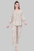Velure Brown Leaves Print Frock-Style Night Suit - Velure - - 3/4 Sleeves, Frock Style, Full Length Pant, Linen, V Neck