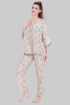 Velure Brown Leaves Print Frock-Style Night Suit - Velure - - 3/4 Sleeves, Frock Style, Full Length Pant, Linen, V Neck