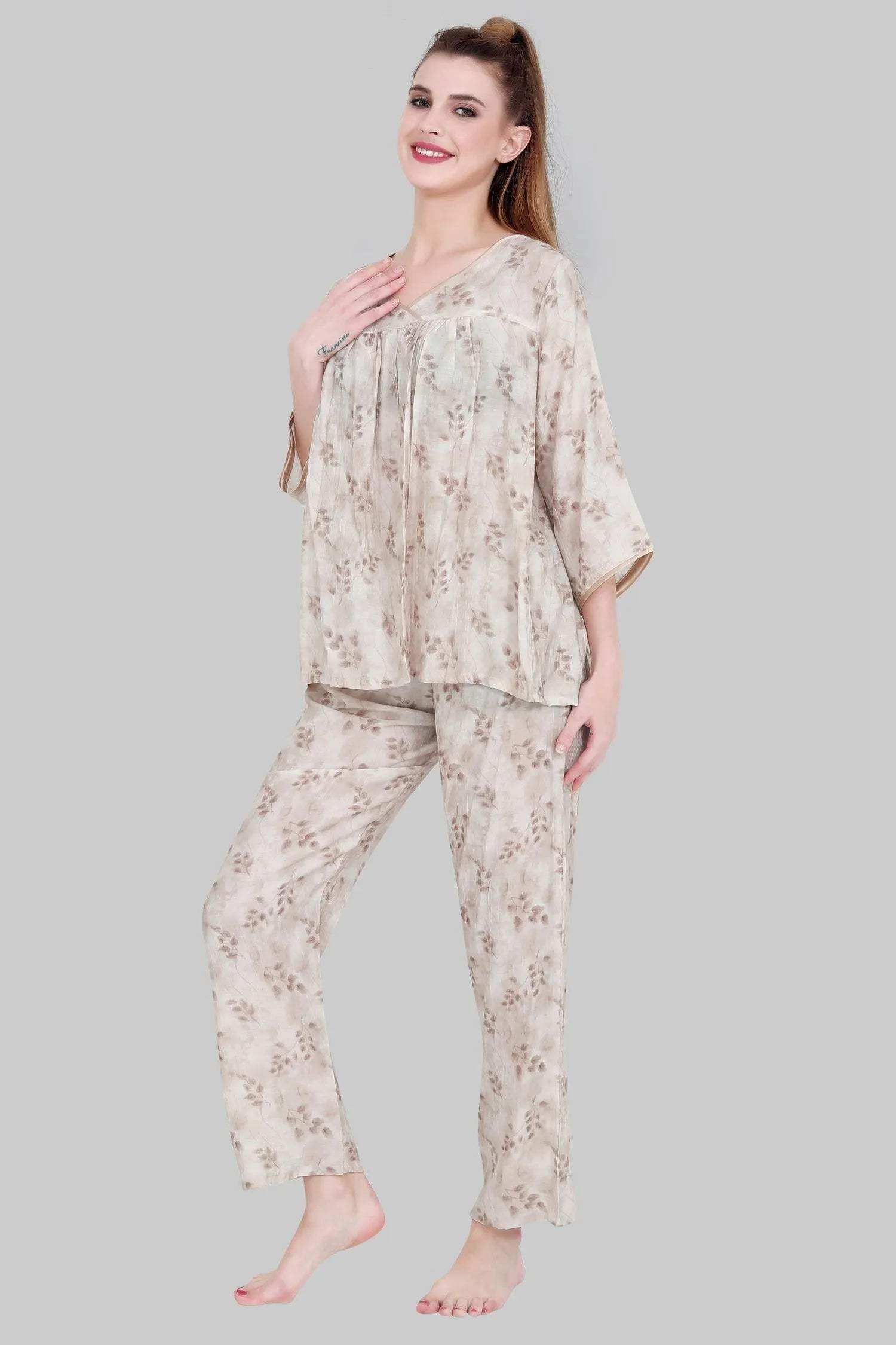 Velure Brown Leaves Print Frock-Style Night Suit - Velure - - 3/4 Sleeves, Frock Style, Full Length Pant, Linen, V Neck