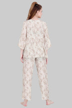 Velure Brown Leaves Print Frock-Style Night Suit - Velure - - 3/4 Sleeves, Frock Style, Full Length Pant, Linen, V Neck