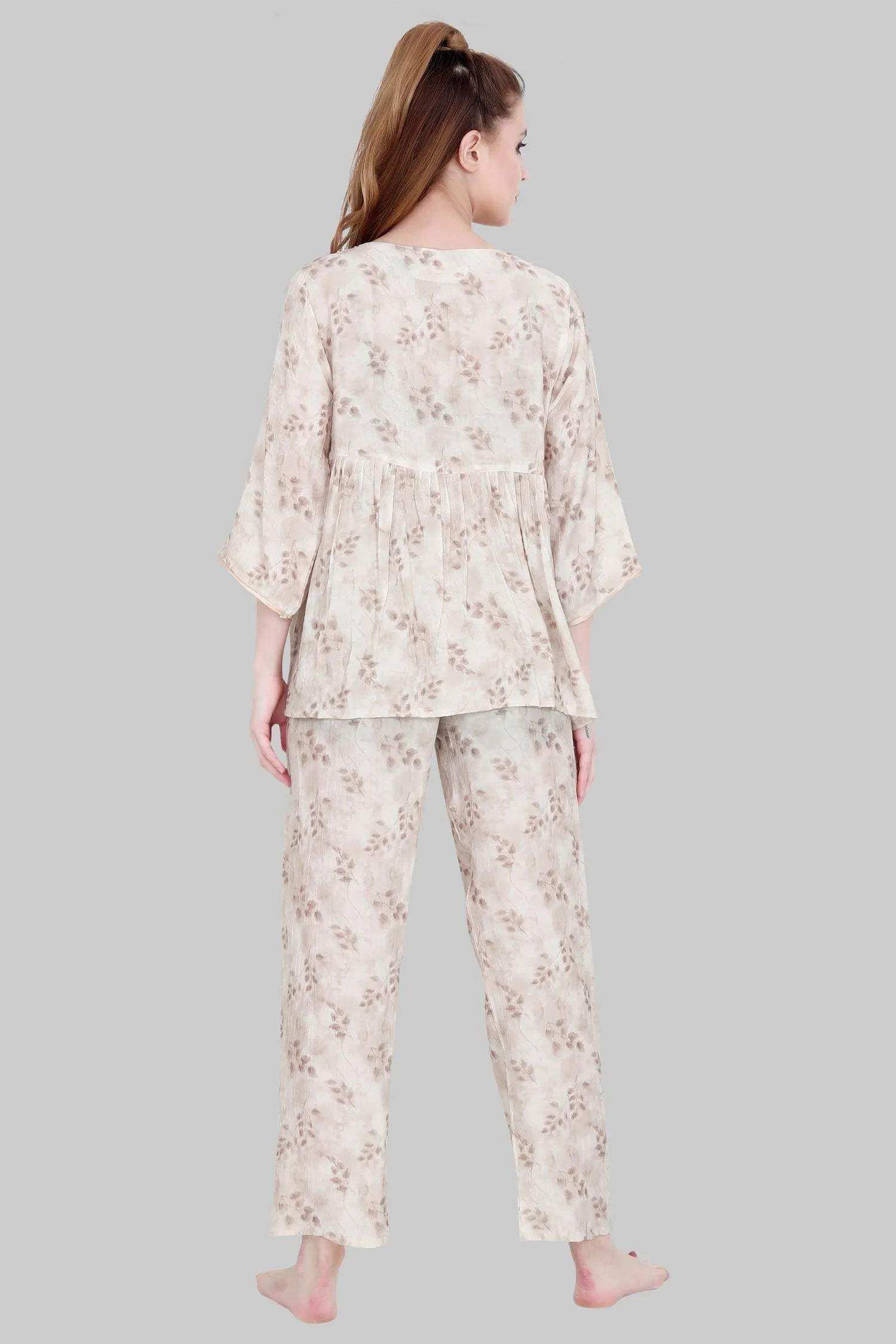 Velure Brown Leaves Print Frock-Style Night Suit - Velure - - 3/4 Sleeves, Frock Style, Full Length Pant, Linen, V Neck