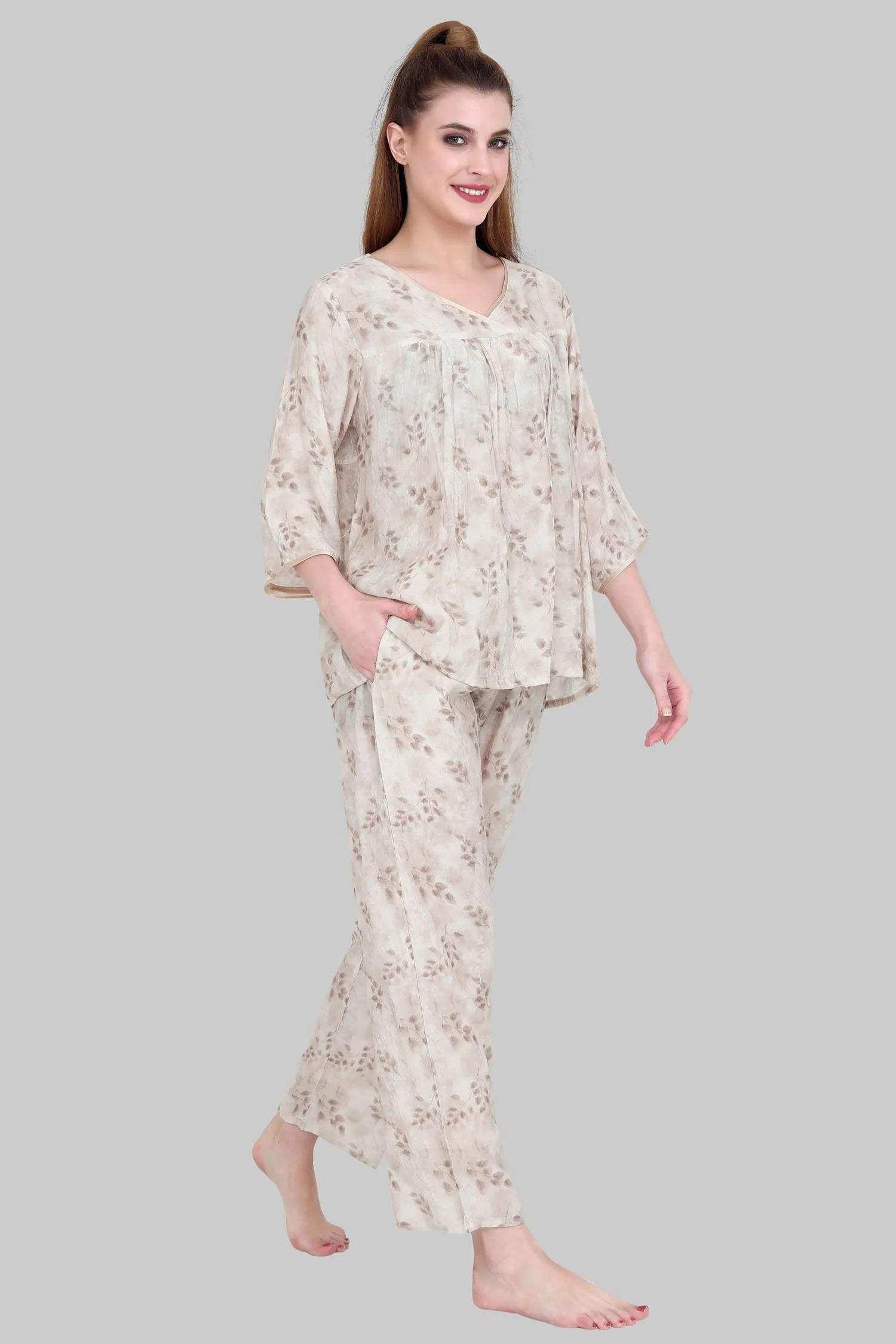 Velure Brown Leaves Print Frock-Style Night Suit - Velure - - 3/4 Sleeves, Frock Style, Full Length Pant, Linen, V Neck