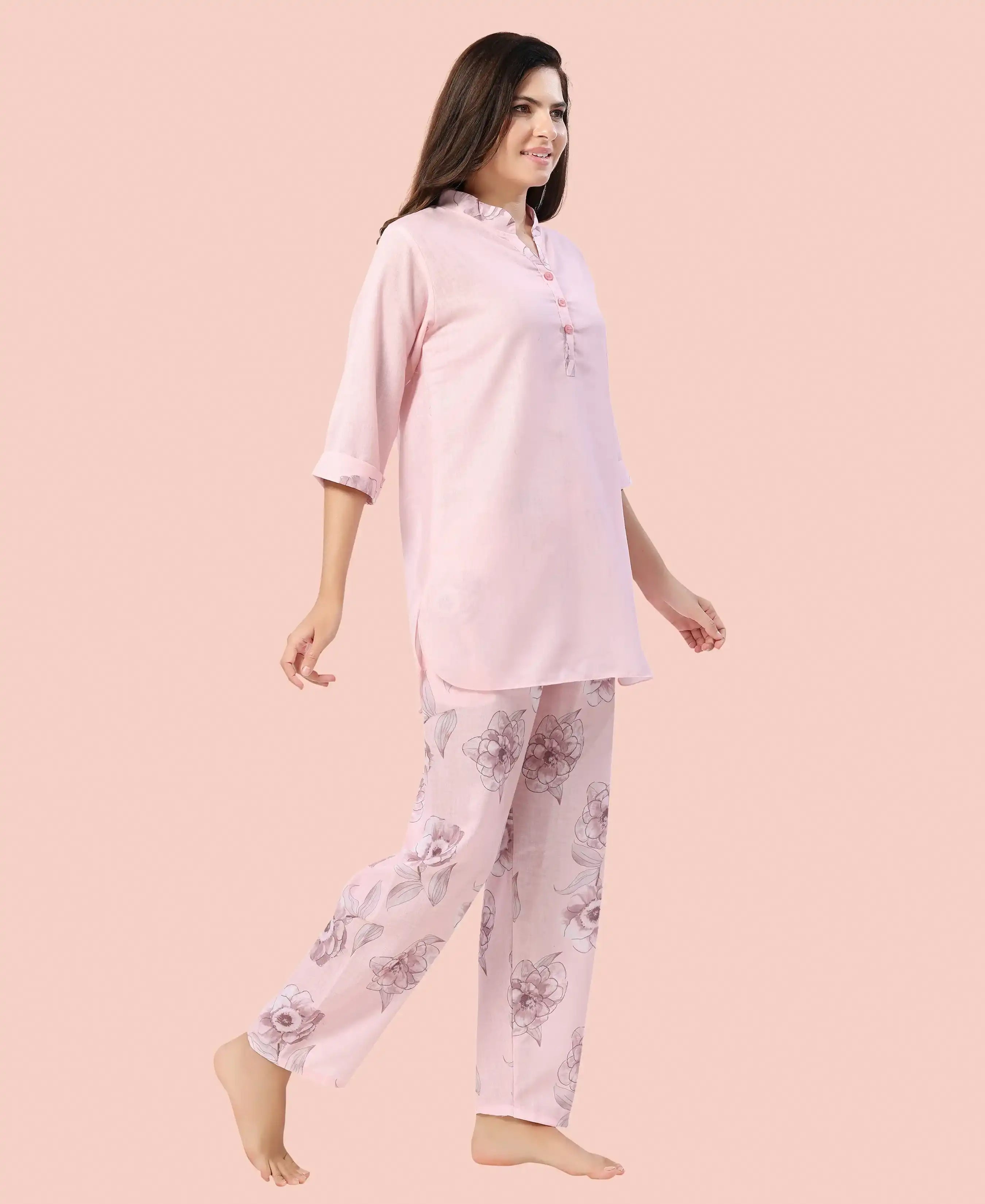 Velure Stylish Floral Print Kurti Style Night Suit - Velure - - 3/4 Sleeves, Collar Neck, Full Length Pant, Linen, Printed