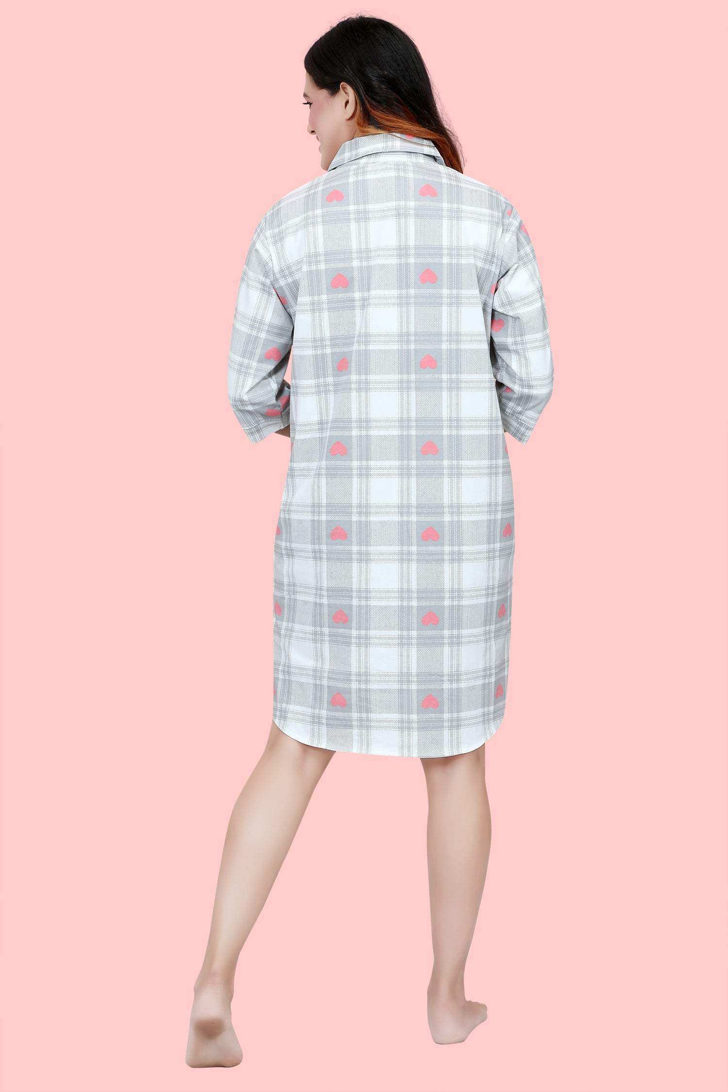 Velure Checked Heart Print Short Night Shirt - Velure - - 3/4 Sleeves, Collar Neck, Cotton, Front Button Open, Knee Length