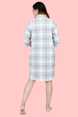 Velure Checked Heart Print Short Night Shirt - Velure - - 3/4 Sleeves, Collar Neck, Cotton, Front Button Open, Knee Length