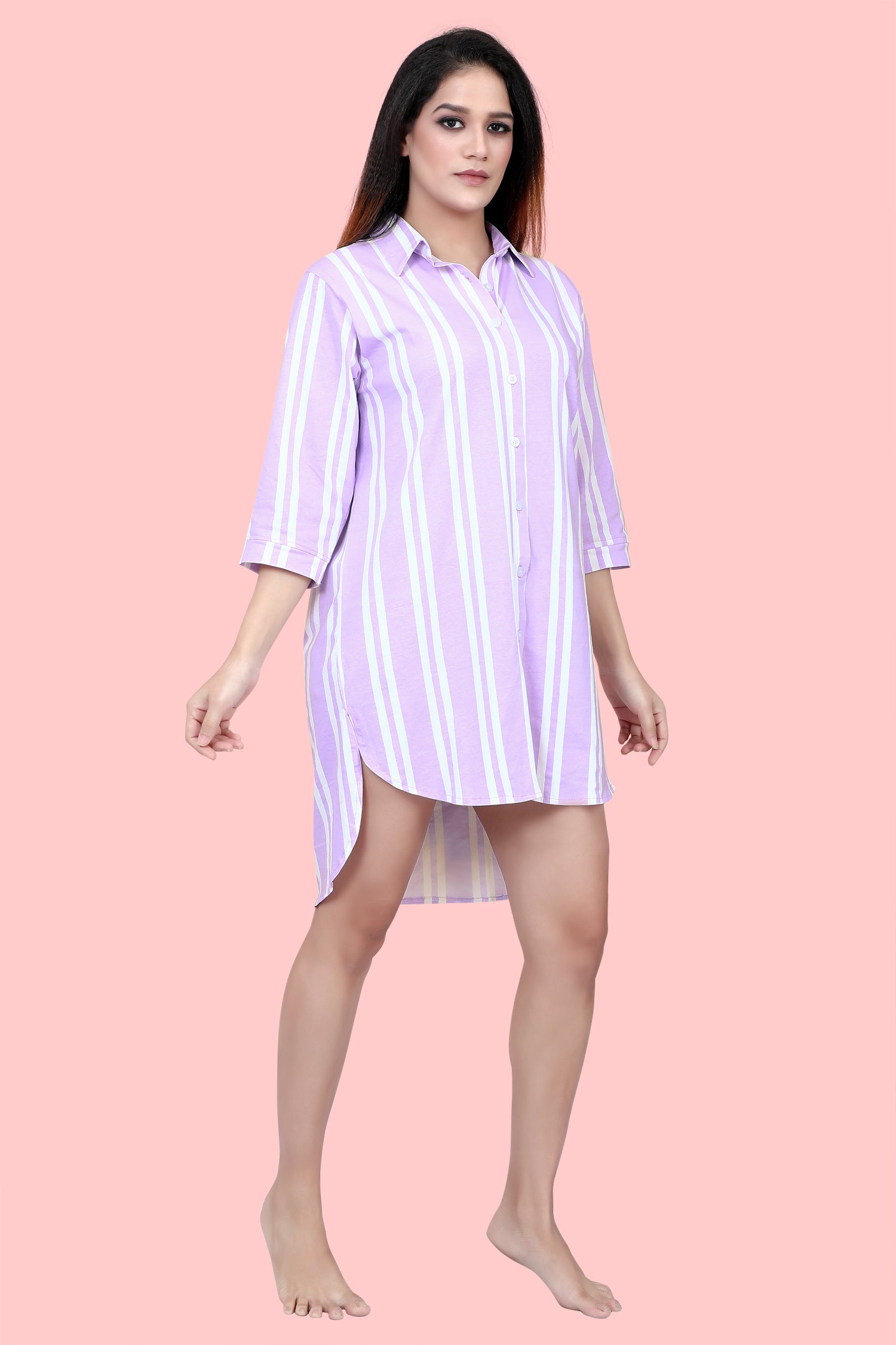 Velure Classic Purple Stripes Short Night Shirt - Velure, , Experience a restful night's rest with the Velure Classic Purple Stripes Short Night Shirt. This knee-length garment includes a collar, front button placket, and half sleeves, providing both style and comfort. The elegant stripes design adds a touch of refinement to this smooth nightgown. Purchase now for optimal relaxation.