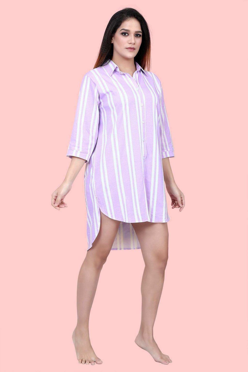 Velure Classic Purple Stripes Short Night Shirt - Velure - - Collar Neck, Cotton, Front Button Open, Knee Length, Stripes
