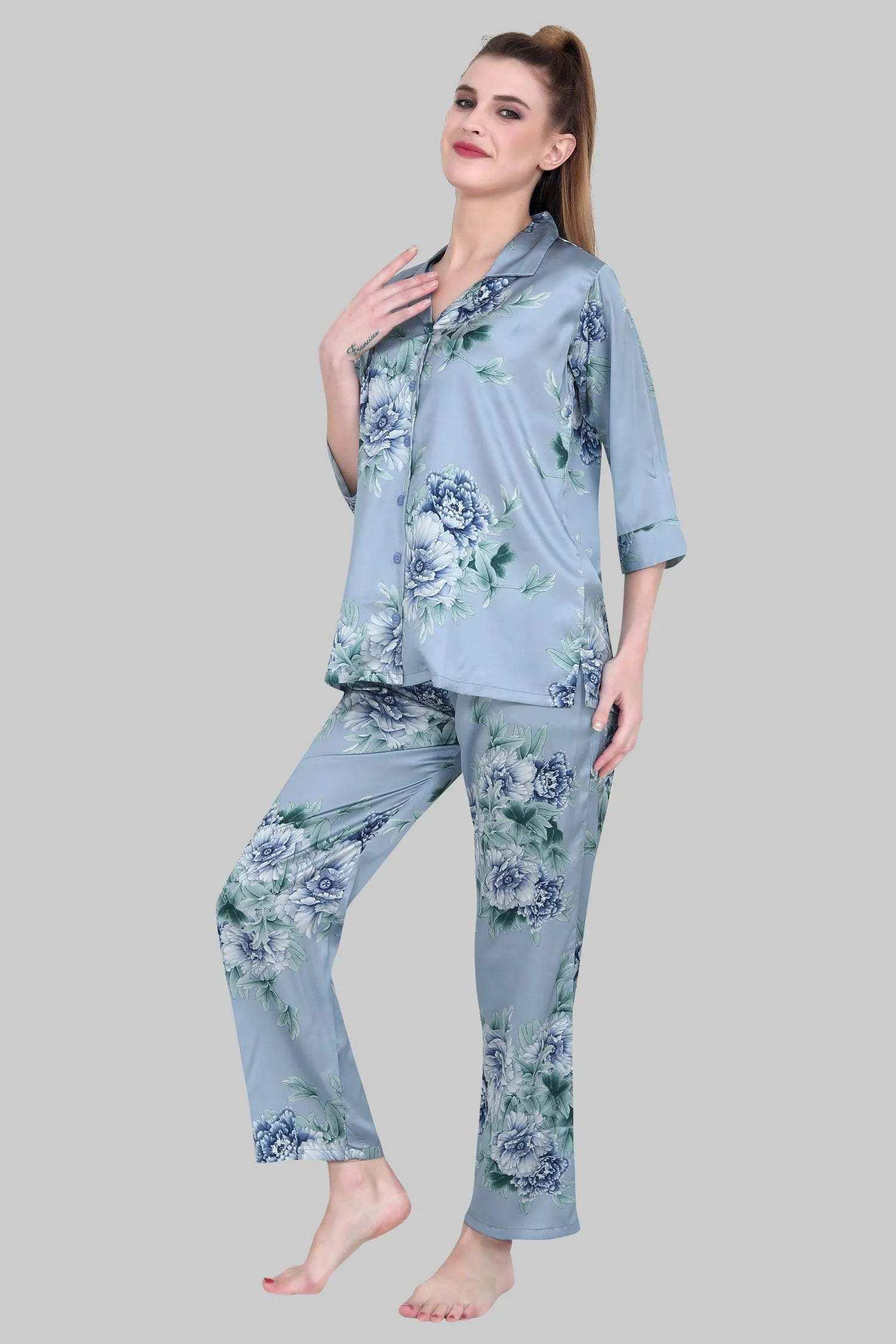 Velure Appealing Floral Print Satin Night Suit - Velure - - 3/4 Sleeves, Collar Neck, Floral Print, Front Button Open, Full Length Pant, Satin