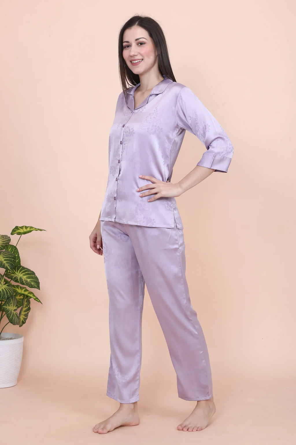 Velure Ethnic Lavender Satin Night Suit - Velure - - 3/4 Sleeves, Collar Neck, Front Button Open, Full Length Pant, Printed, Satin