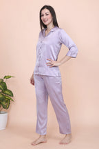 Velure Ethnic Lavender Satin Night Suit - Velure - - 3/4 Sleeves, Collar Neck, Front Button Open, Full Length Pant, Printed, Satin