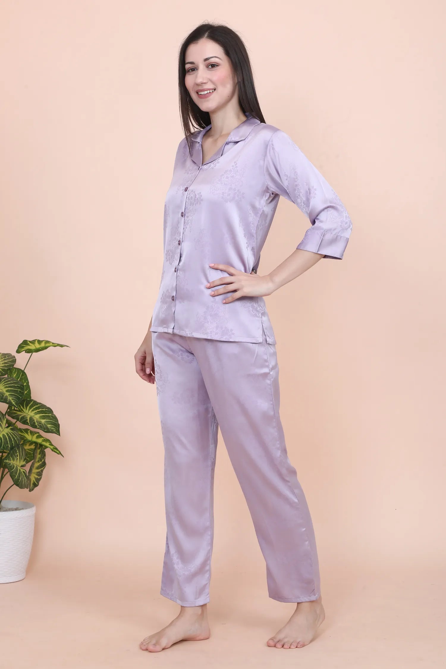 Velure Ethnic Lavender Satin Night Suit - Velure - - 3/4 Sleeves, Collar Neck, Front Button Open, Full Length Pant, Printed, Satin