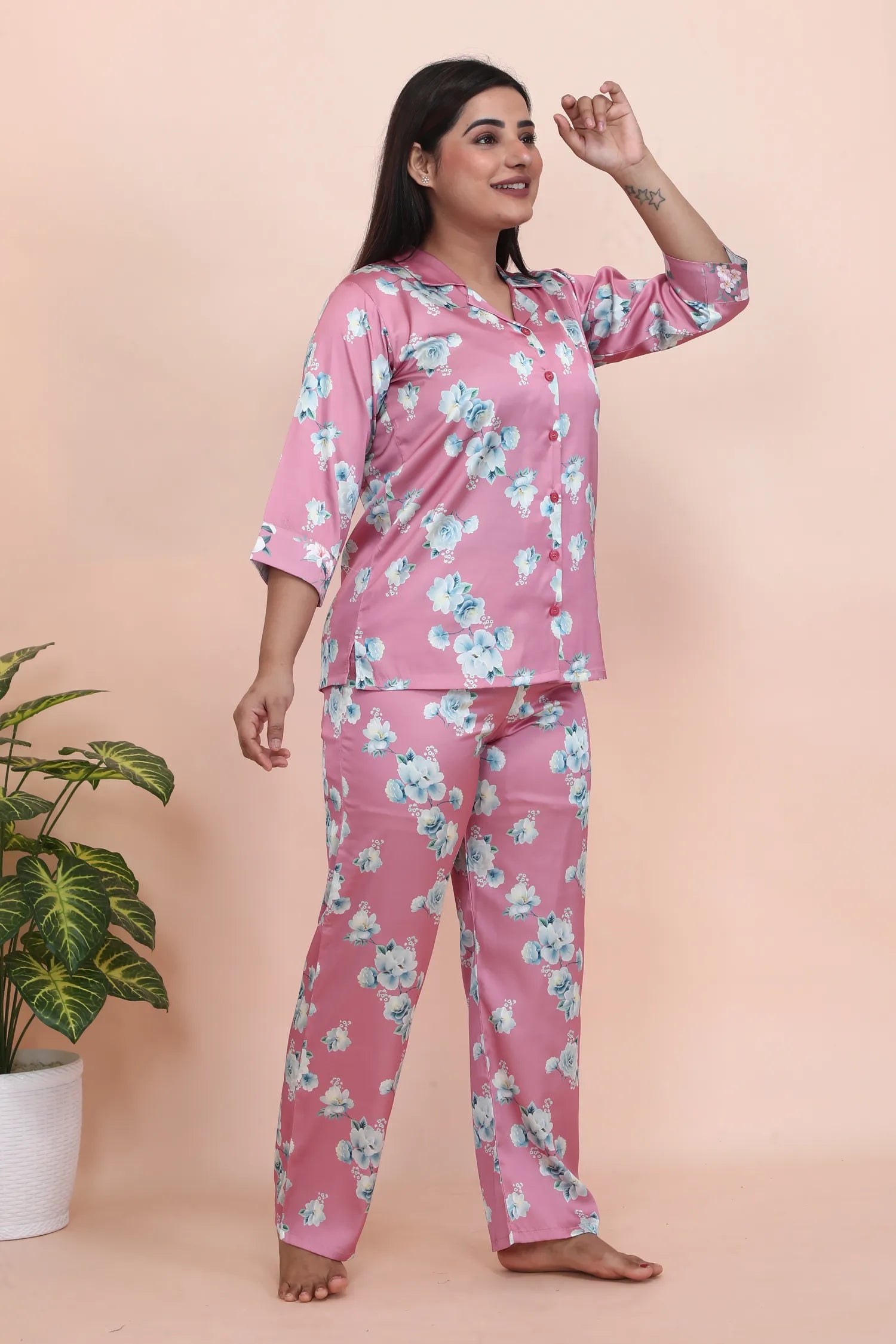 Velure Pink Floral Print Night Suit - Velure - - 3/4 Sleeves, Collar Neck, Front Button Open, Full Length Pant, Satin