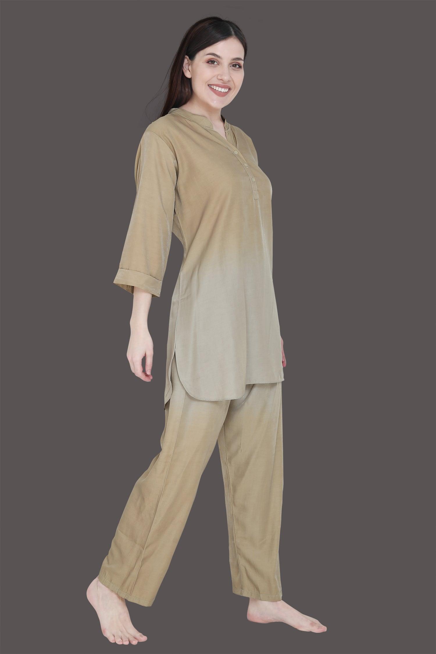 Velure Pleasing Dual Shade Kurti Style Night Suit - Velure - Long Top and Pant - 3/4 Sleeves, Collar Neck, Cotton, Front Button Open, Full Length Pant