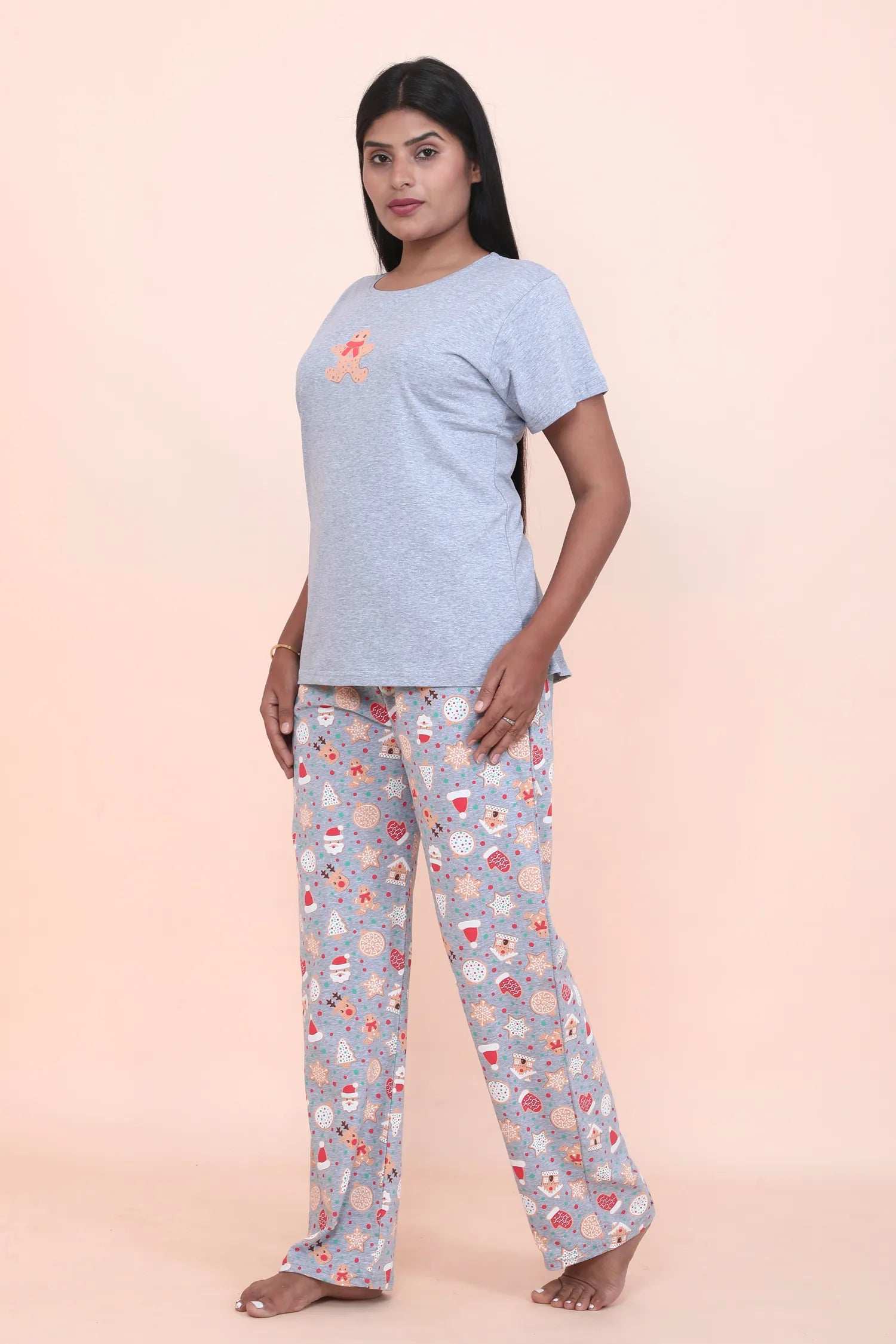 Velure Gingerbread Cookie Print Pajama Set - Velure - - Cotton Lycra Fabric, Full Length Pant, Half Sleeves, Round neck nightsuit