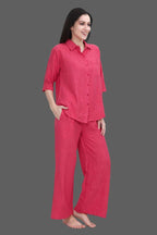 Velure Classic Palazzo Night Suit Set - Velure - - 3/4 Sleeves, Collar Neck, Front Button Open, Full Length Pant