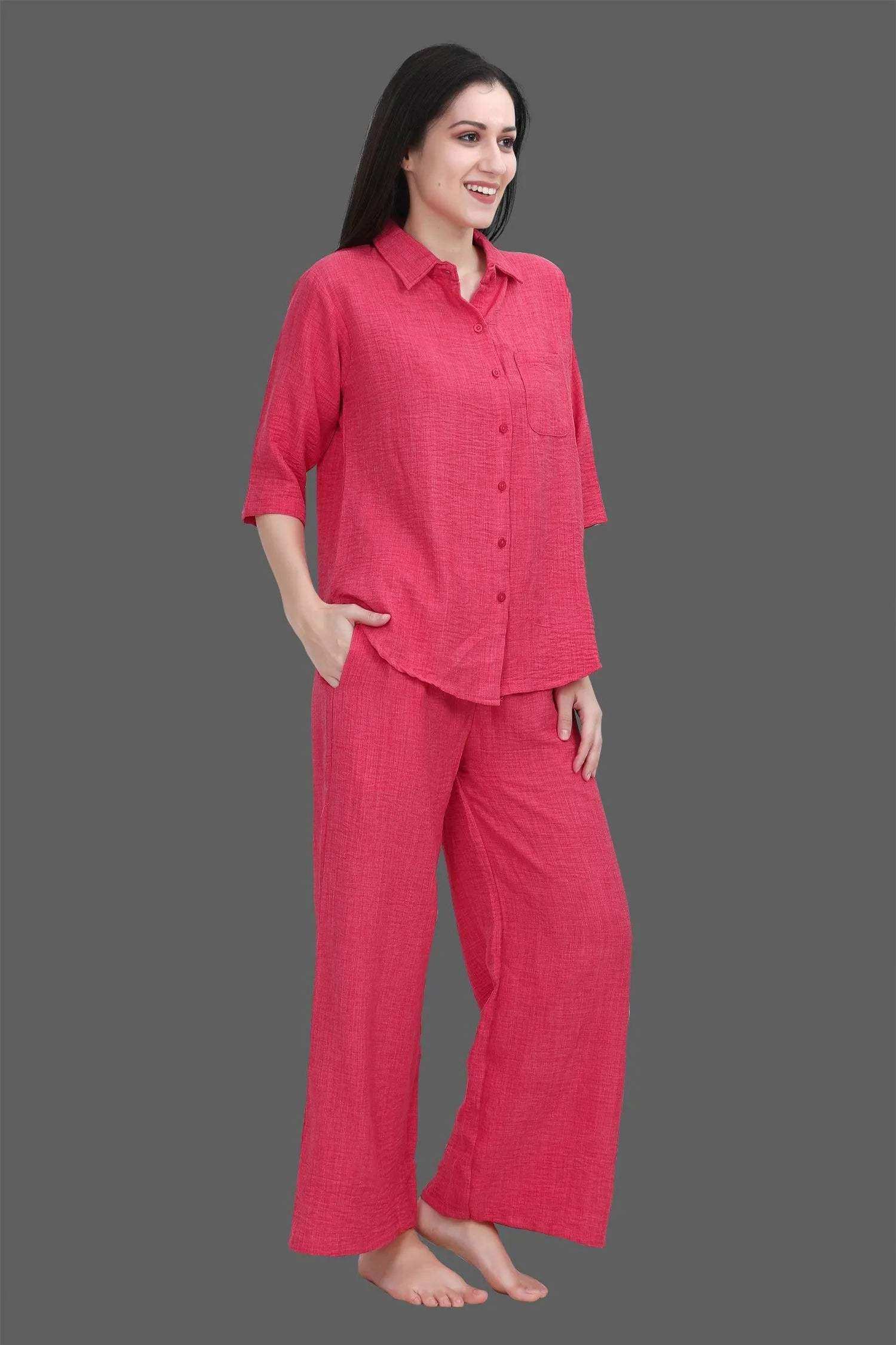 Velure Classic Palazzo Night Suit Set - Velure - - 3/4 Sleeves, Collar Neck, Front Button Open, Full Length Pant