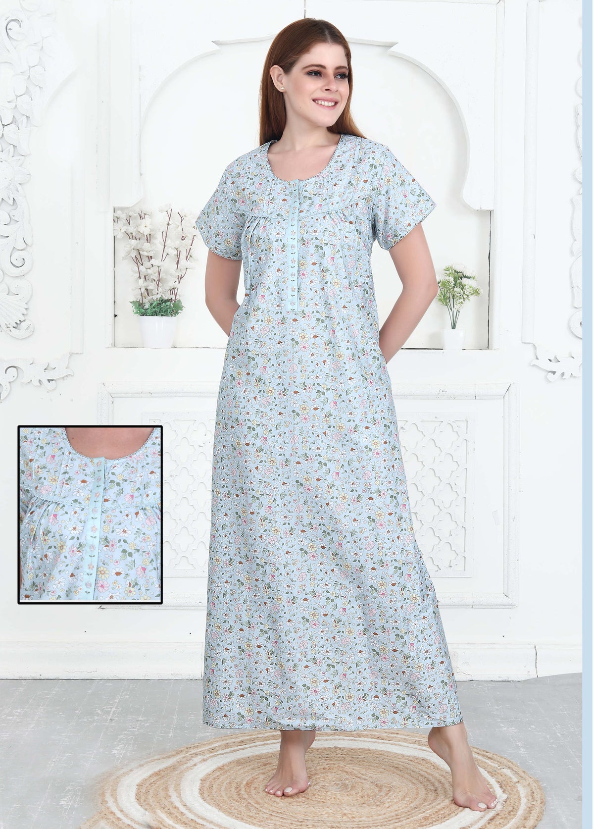 Velure Refined Floral Print Cotton Nighty - Velure - Nighty - Cotton, Floral Print, Full Length Nighty, Half Sleeves Nighty, Round neck Nighty