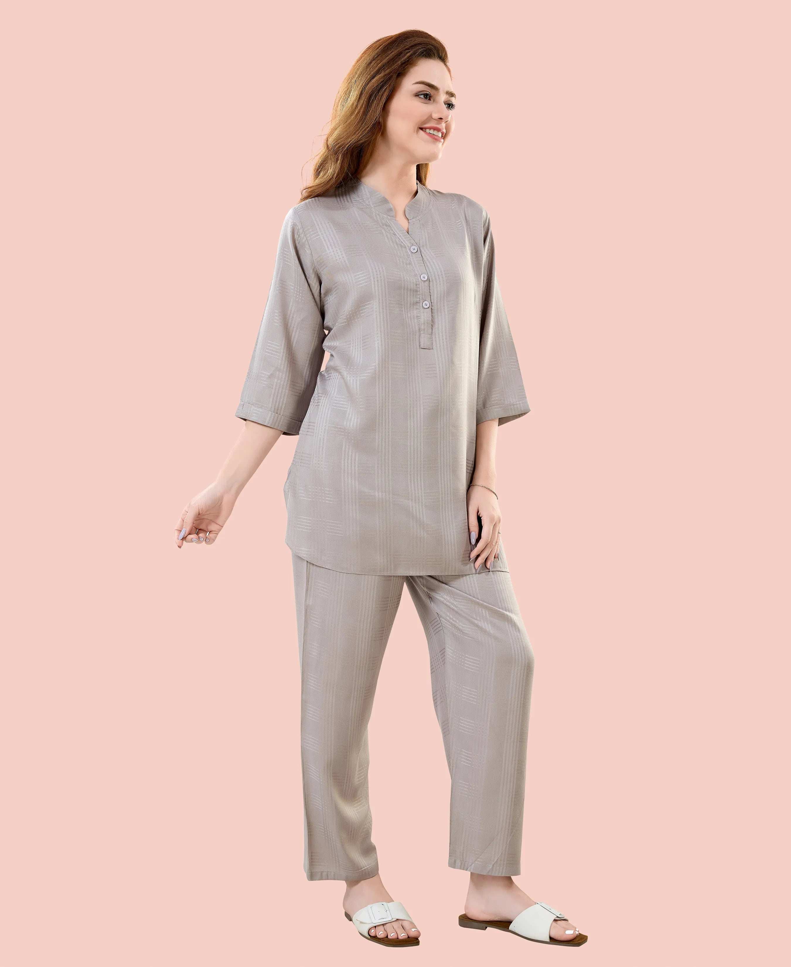 Velure Chic Grey Kurti Style Night Suit - Velure - - 3/4 Sleeves, Collar Neck, Cotton, Front Button Open, Full Length Pant