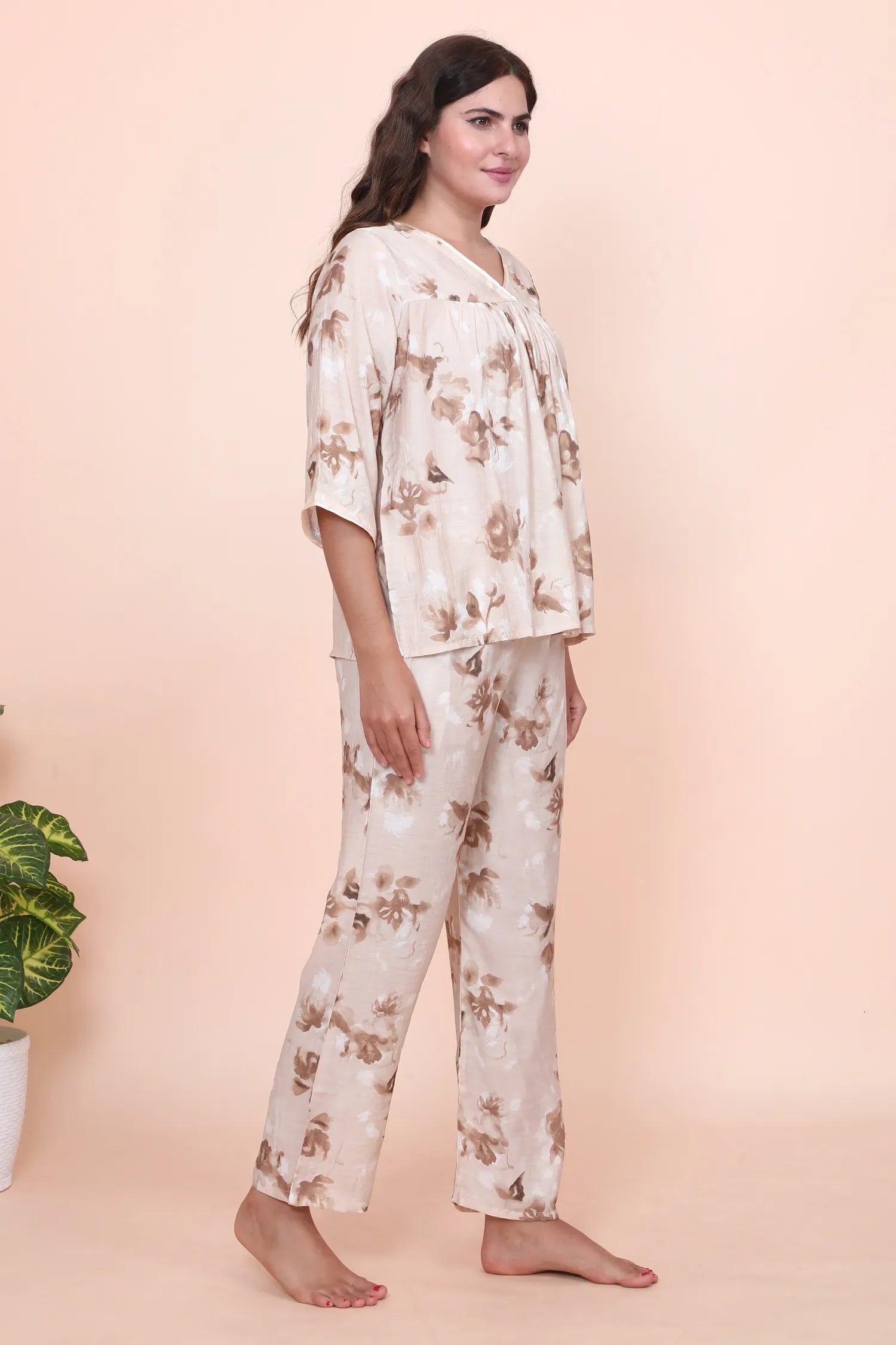 Velure Trendy Brown Floral Print Frock-Style Night Suit - Velure - - 3/4 Sleeves, Cotton, Frock Style, Full Length Pant, Linen, V Neck