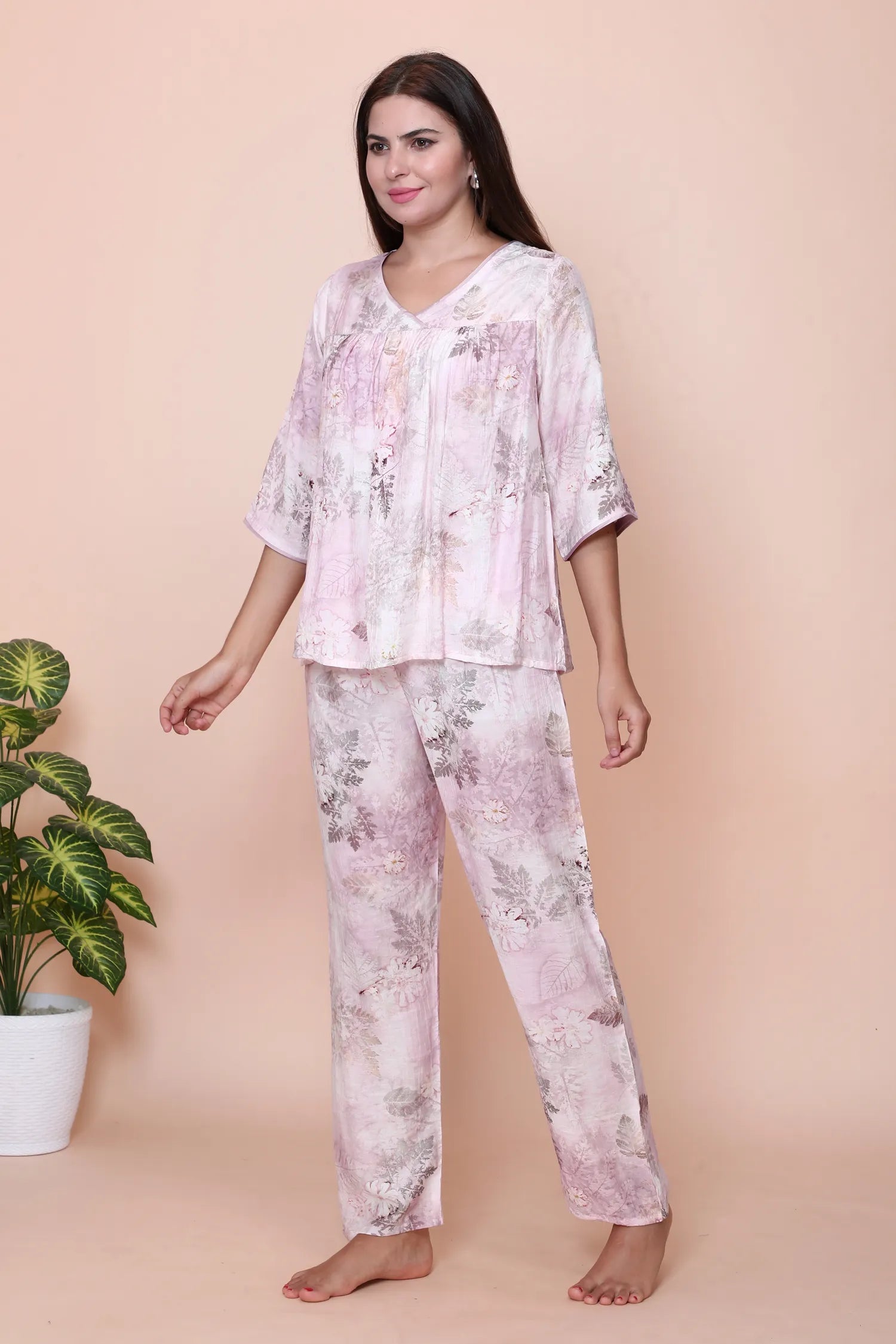 Velure Pink Leaves Print Frock-Style Night Suit - Velure - - 3/4 Sleeves, Cotton, Frock Style, Full Length Pant, Linen