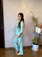 Velure Green Swan Cotton Night Suit - Velure - - 3/4 Sleeves, Collar Neck, Cotton, Front Button Open, Full Length Pant