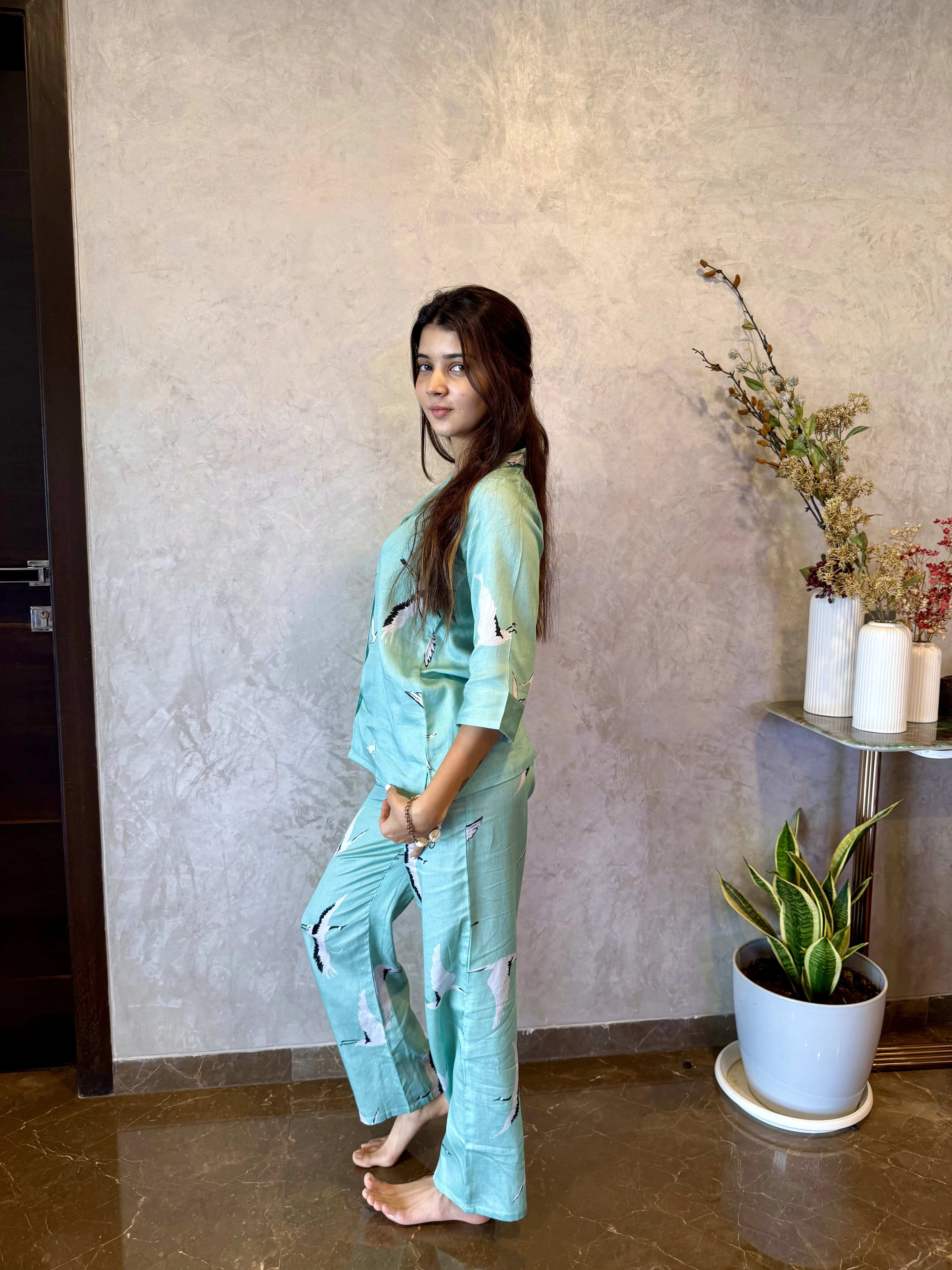 Velure Green Swan Cotton Night Suit - Velure - - 3/4 Sleeves, Collar Neck, Cotton, Front Button Open, Full Length Pant