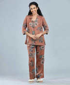 Velure Charming Relaxed Floral Print Night Suit - Velure - - 3/4 Sleeves, Collar Neck, Floral Print, Front Button Open, Full Length Pant, Satin