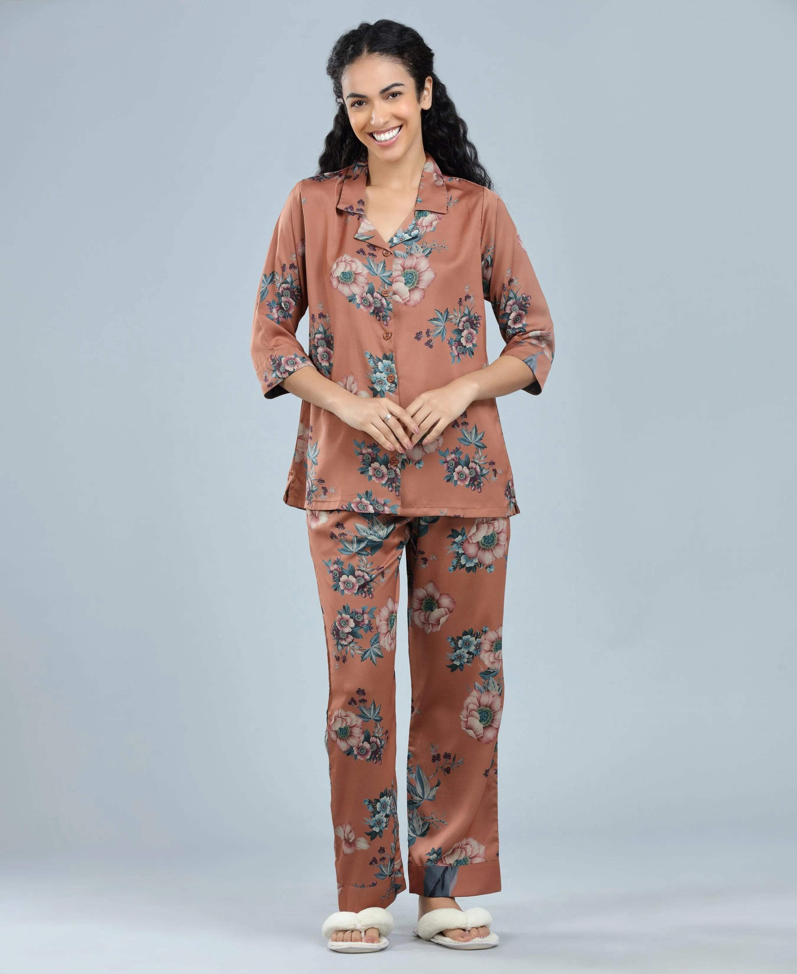 Velure Charming Relaxed Floral Print Night Suit - Velure - - 3/4 Sleeves, Collar Neck, Floral Print, Front Button Open, Full Length Pant, Satin