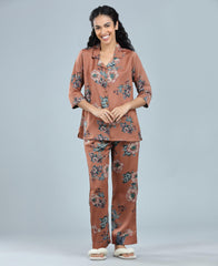 Velure Charming Relaxed Floral Print Night Suit - Velure - Shirt and Pant - 3/4 Sleeves, Collar Neck, Floral Print, Front Button Open, Full Length Pant, Satin