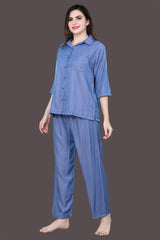 Velure Tunic Co-ord Set - Velure - Co-ord Sets - 3/4 Sleeves, Collar Neck, Cotton, Front Button Open, Full Length Pant