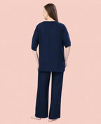 Velure Trendy Navy Blue Kurti Style Night Suit - Velure - - 3/4 Sleeves, Collar Neck, Cotton, Front Button Open, Full Length Pant