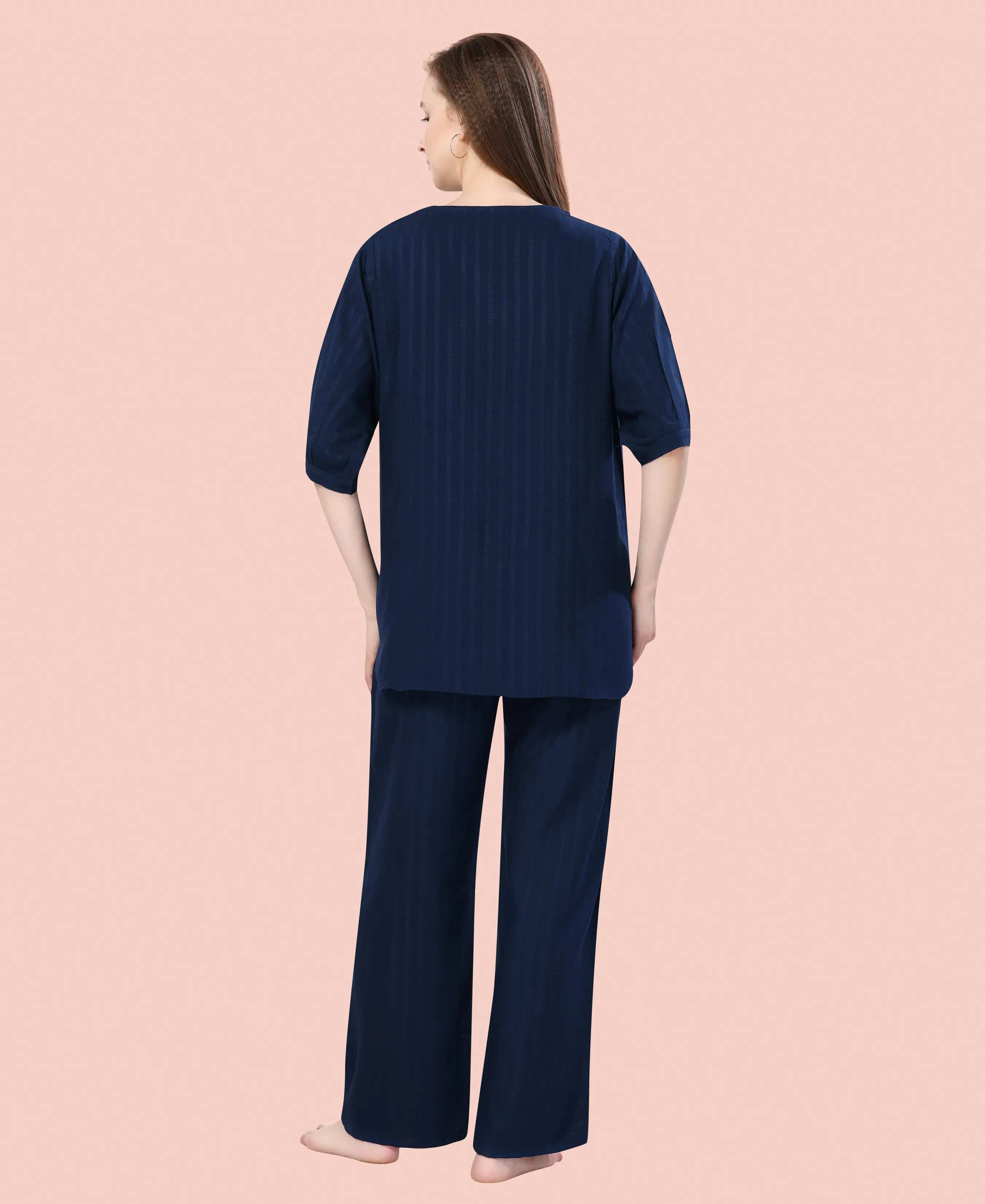 Velure Trendy Navy Blue Kurti Style Night Suit - Velure - - 3/4 Sleeves, Collar Neck, Cotton, Front Button Open, Full Length Pant