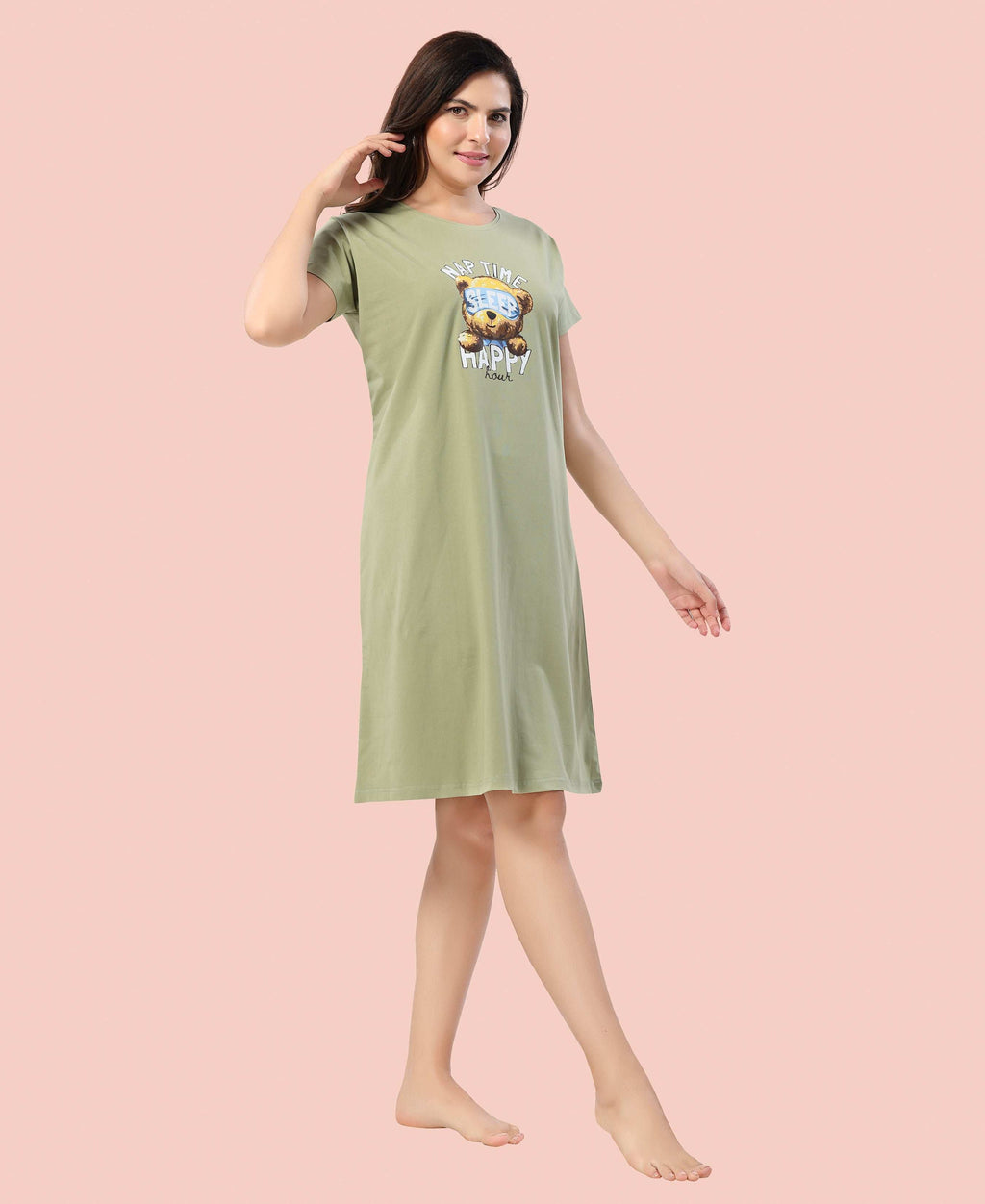 Velure Cozy Teddy Bear Nap Time Short Nighty - Velure - - Cotton, Knee Length, Printed, Round neck