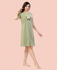 Velure Cozy Teddy Bear Nap Time Short Nighty - Velure - - Cotton, Knee Length, Printed, Round neck