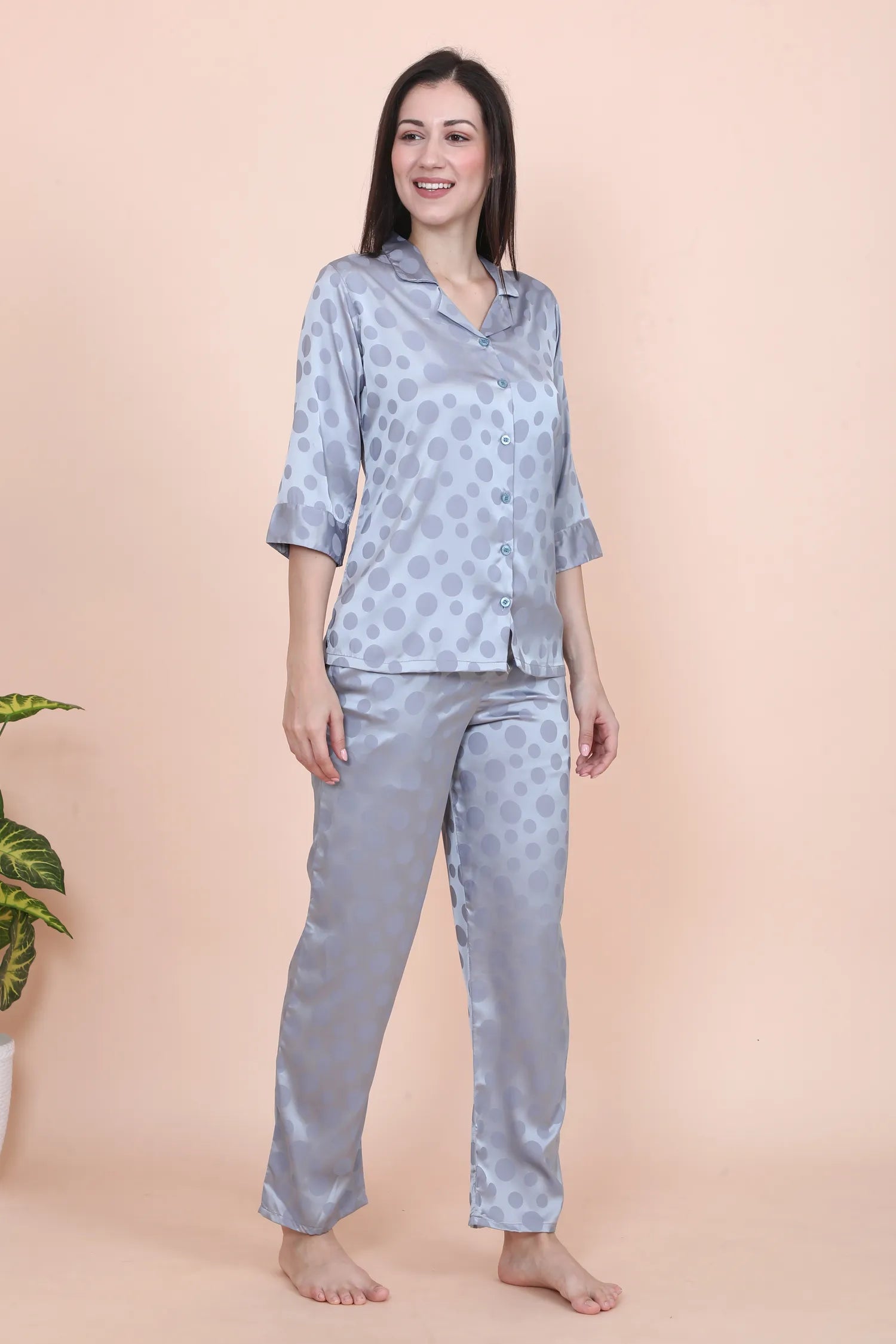 Velure Grey Casual Polka Dot Satin Night Suit