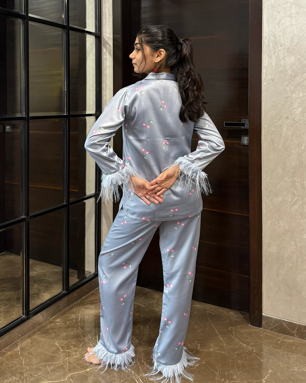 Velure Cute Grey Cherry Fur Satin Sleepwear Set