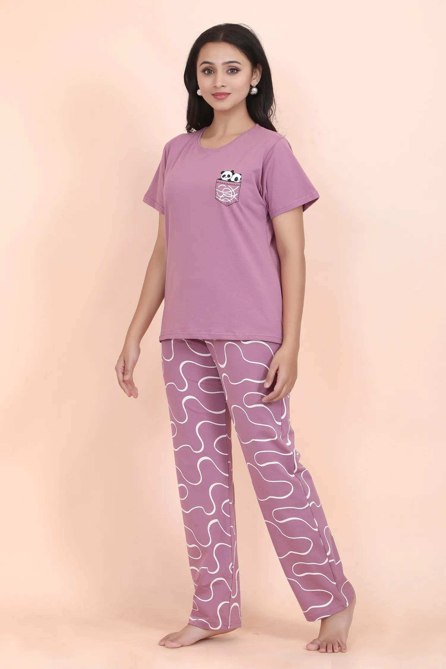 Velure Cozy Panda Print Pajama Set - Velure - - Cotton Lycra Fabric, Full Length Pant, Half Sleeves, Round neck nightsuit