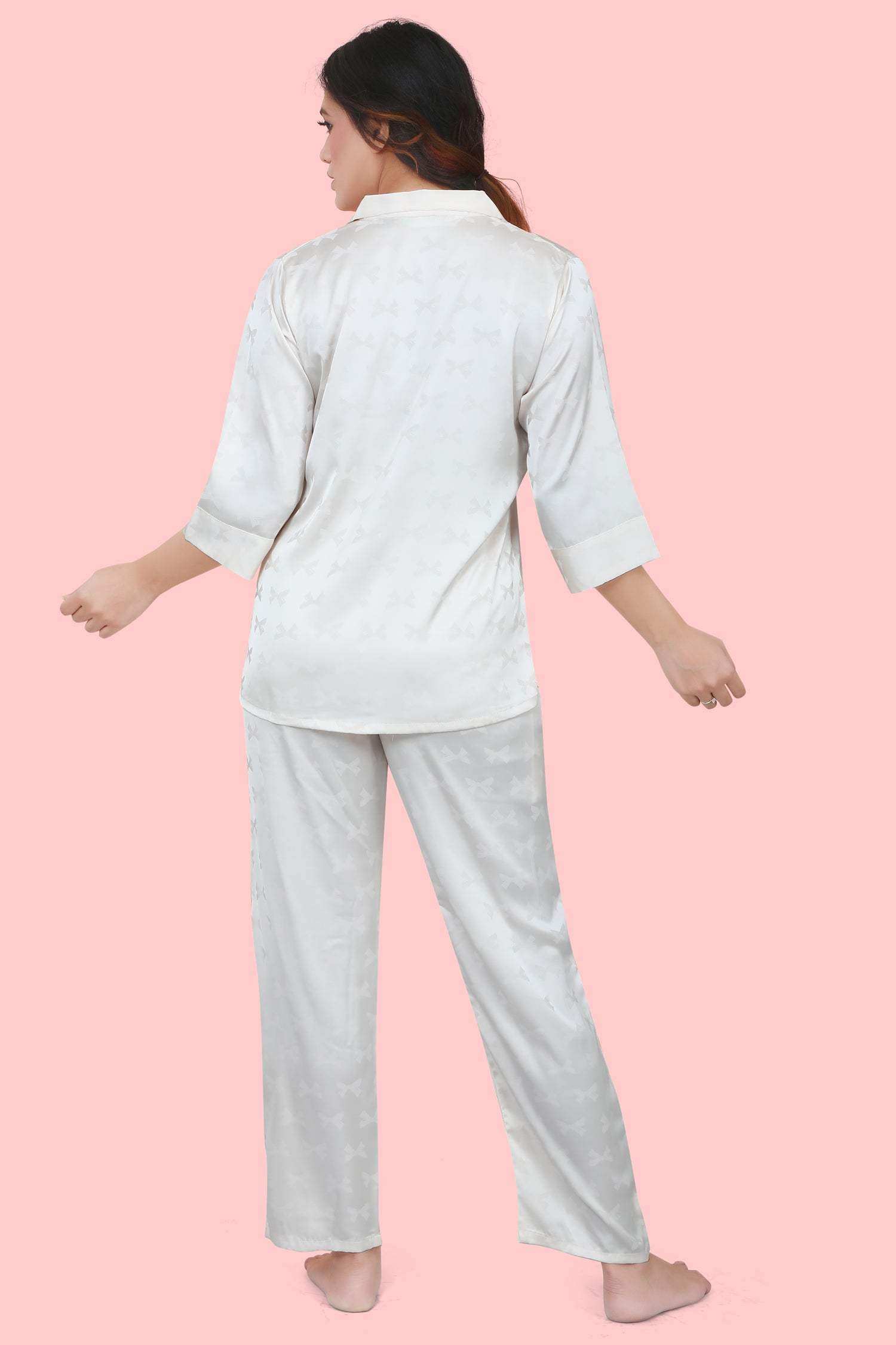 Velure Classic Ribbon Print Satin Night Suit - Velure - - 3/4 Sleeves, Collar Neck, Front Button Open, Full Length Pant, Satin