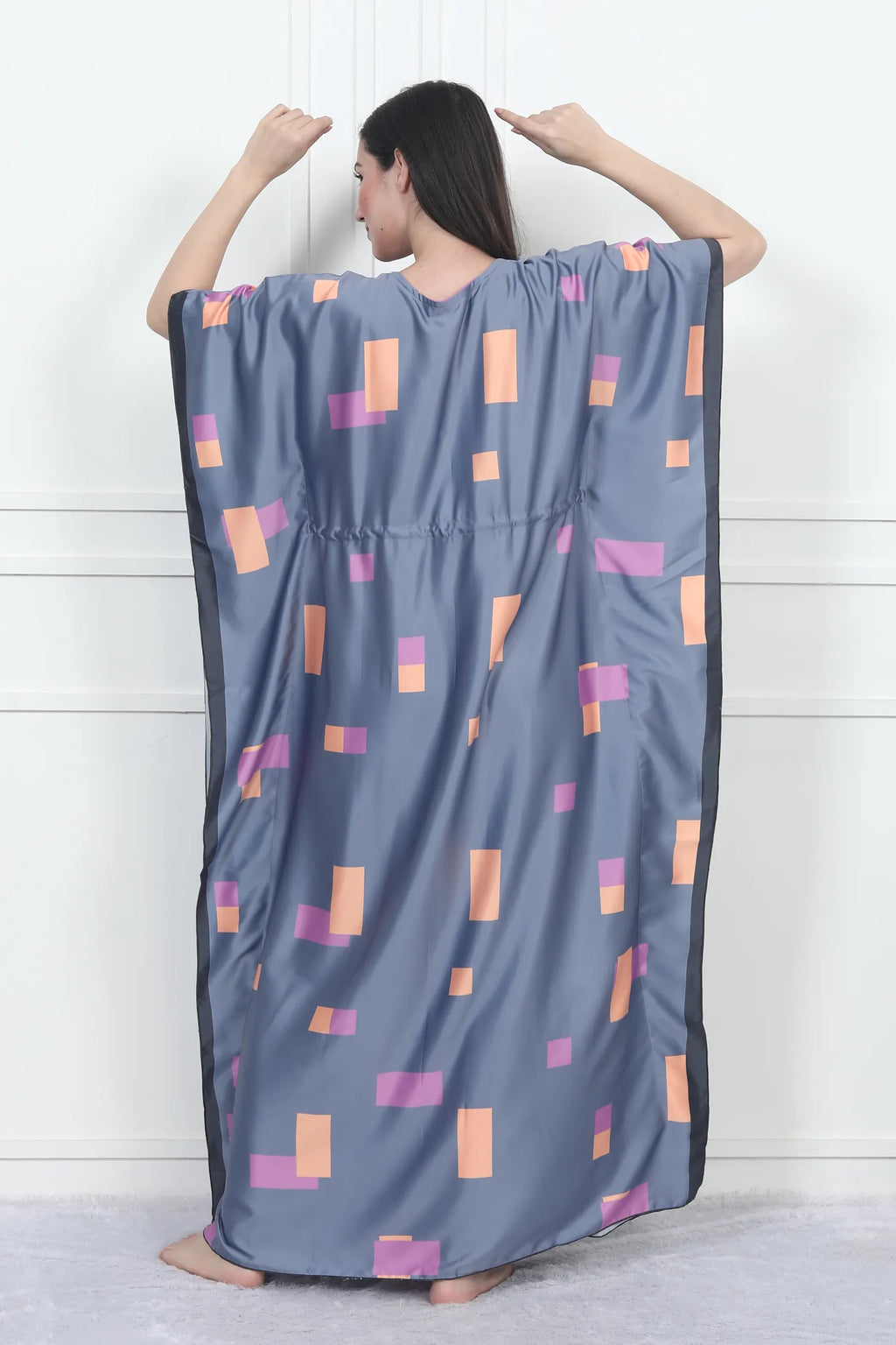 Velure Modern Geometric Print Kaftan - Velure - - Center Drawstring, Full Length Nighty, Satin