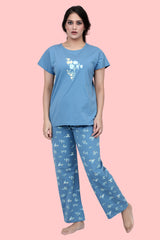 Velure Classic Floral Print Pajama Set - Velure - T-Shirt and Pant - Cotton Lycra Fabric, Floral Print, Full Length Pant, Half Sleeves, Round neck nightsuit