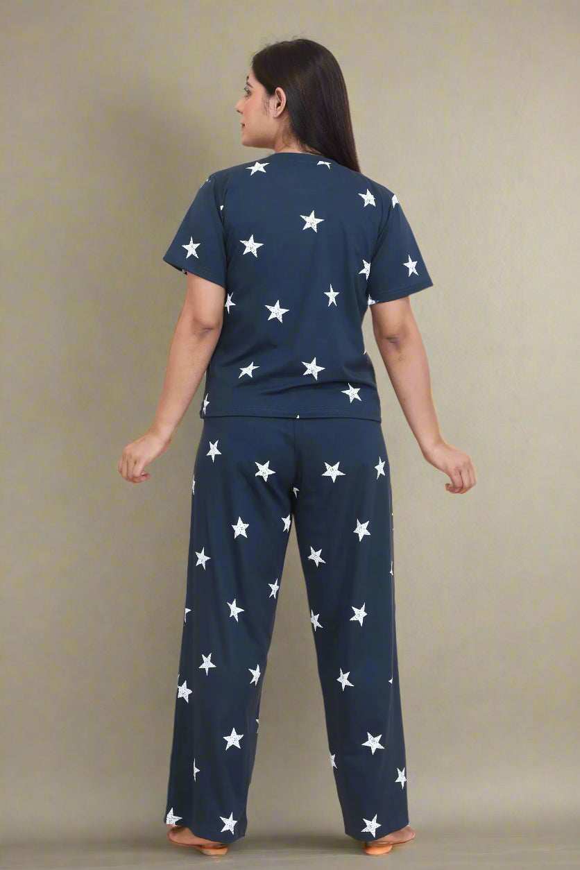 Velure Glossy Star Print Palazzo Night Suit - Velure - - Cotton Lycra Fabric, Full Length Pant, Half Sleeves, Round neck