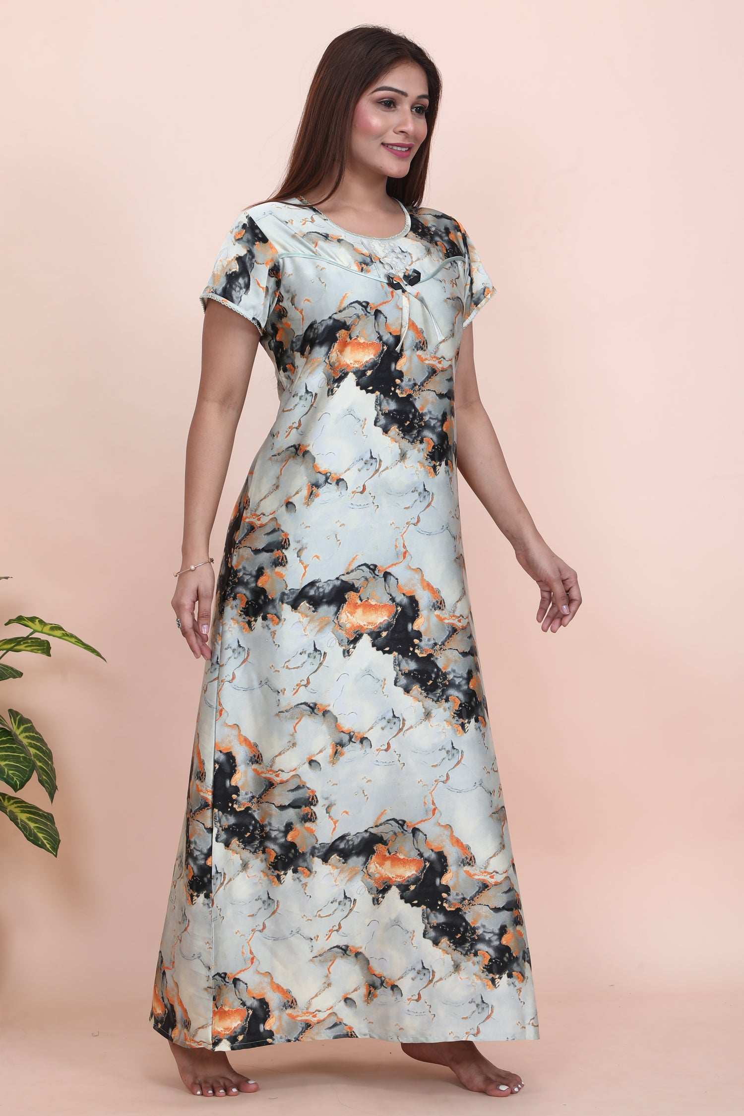 Velure Shiny Abstract Grey Satin Nighty - Velure - - Full Length Nighty, Half Sleeves Nighty, Satin