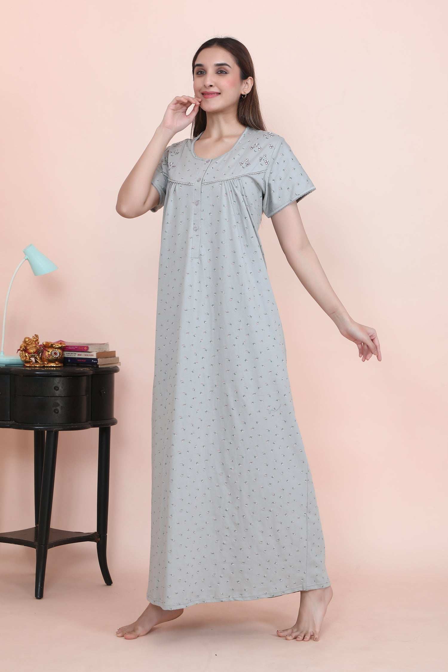 Velure Grey Floral Print Hosiery Nighty - Velure - - Full Length Nighty, Half Sleeves Nighty, Hosiery Cotton, Printed