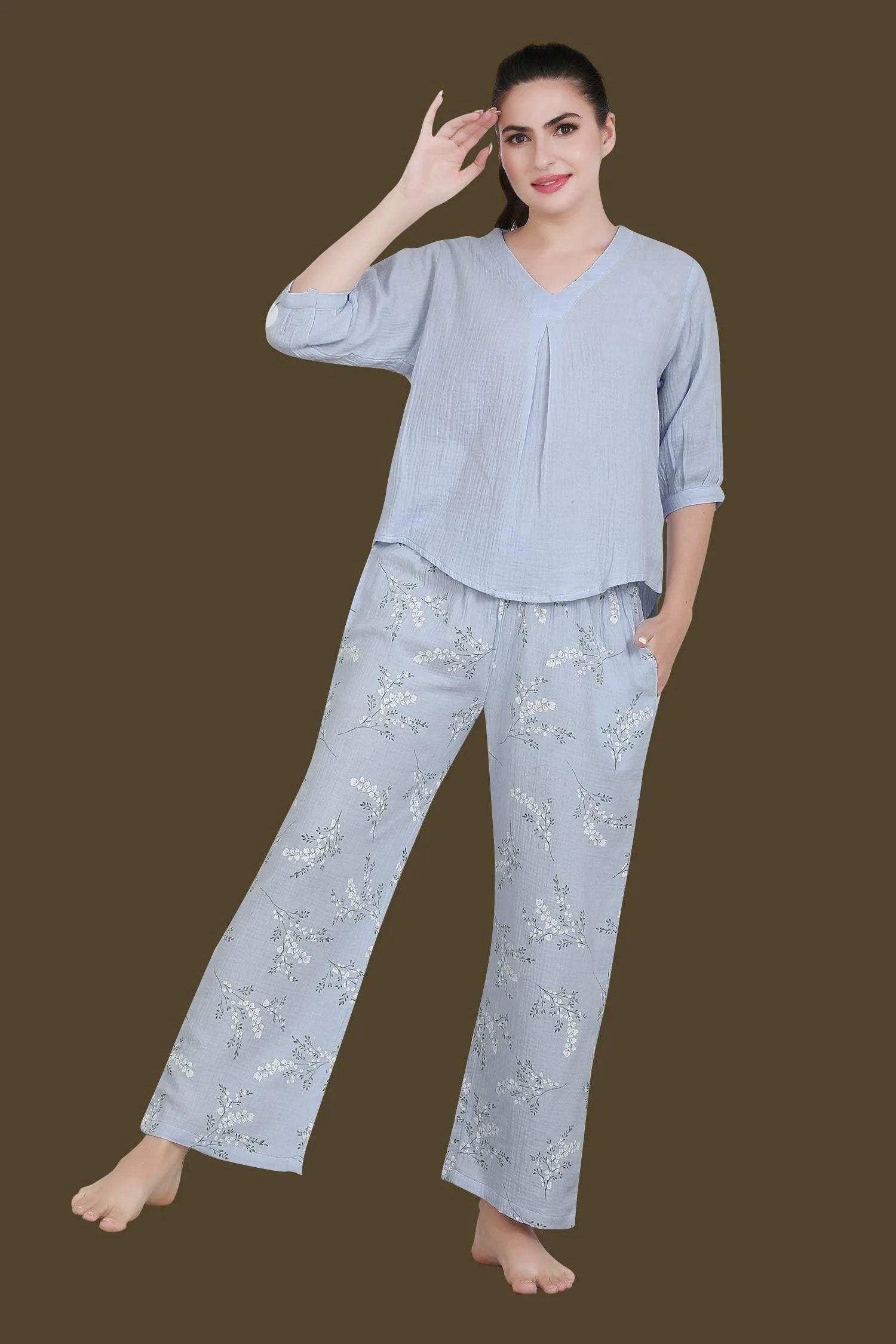 Velure Blue Floral Print Night Suit - Velure - - 3/4 Sleeves, Floral Print, Full Length Pant, Linen