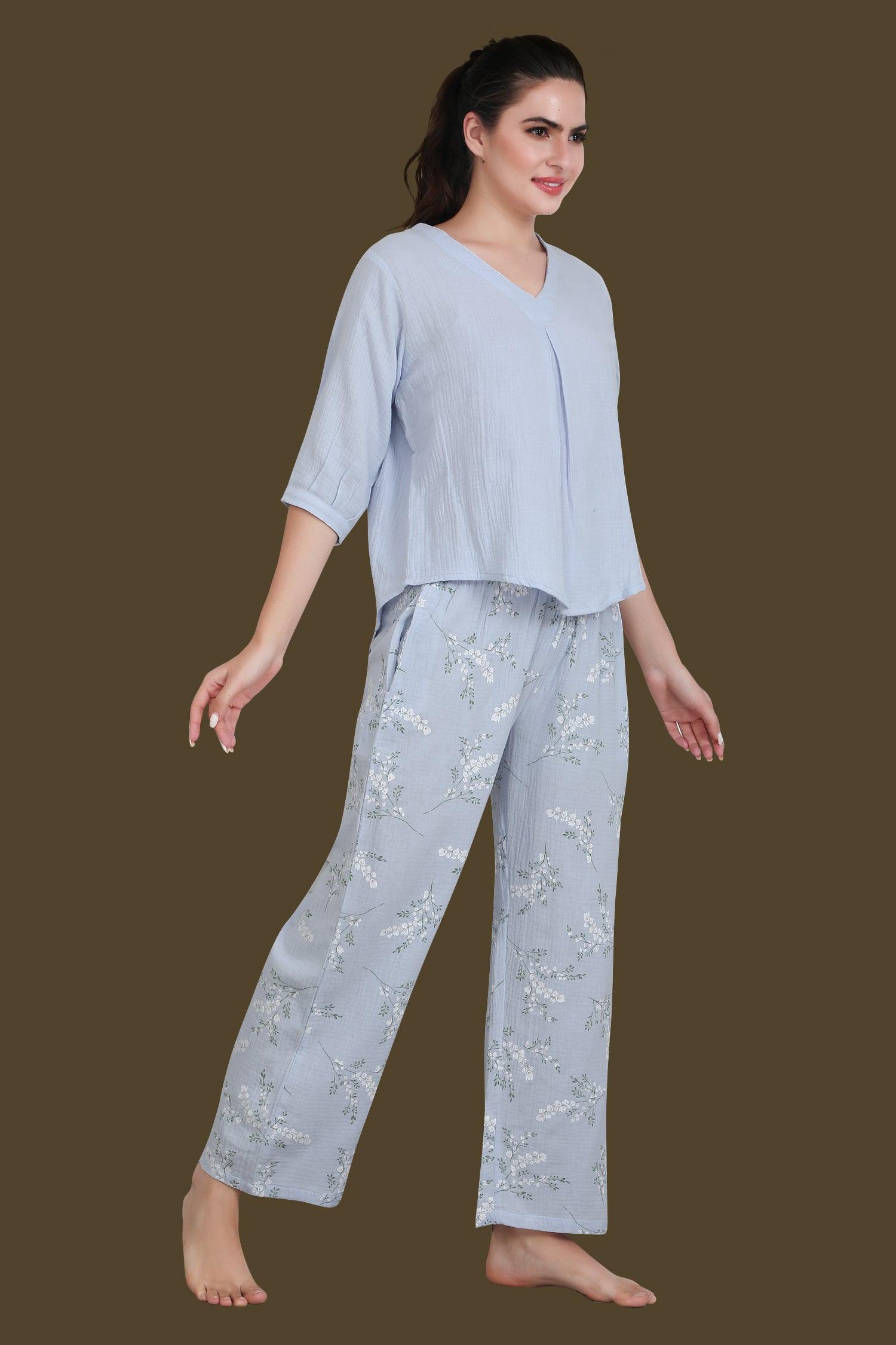 Velure Blue Floral Print Night Suit - Velure - Long Top and Pant - 3/4 Sleeves, Floral Print, Full Length Pant, Linen