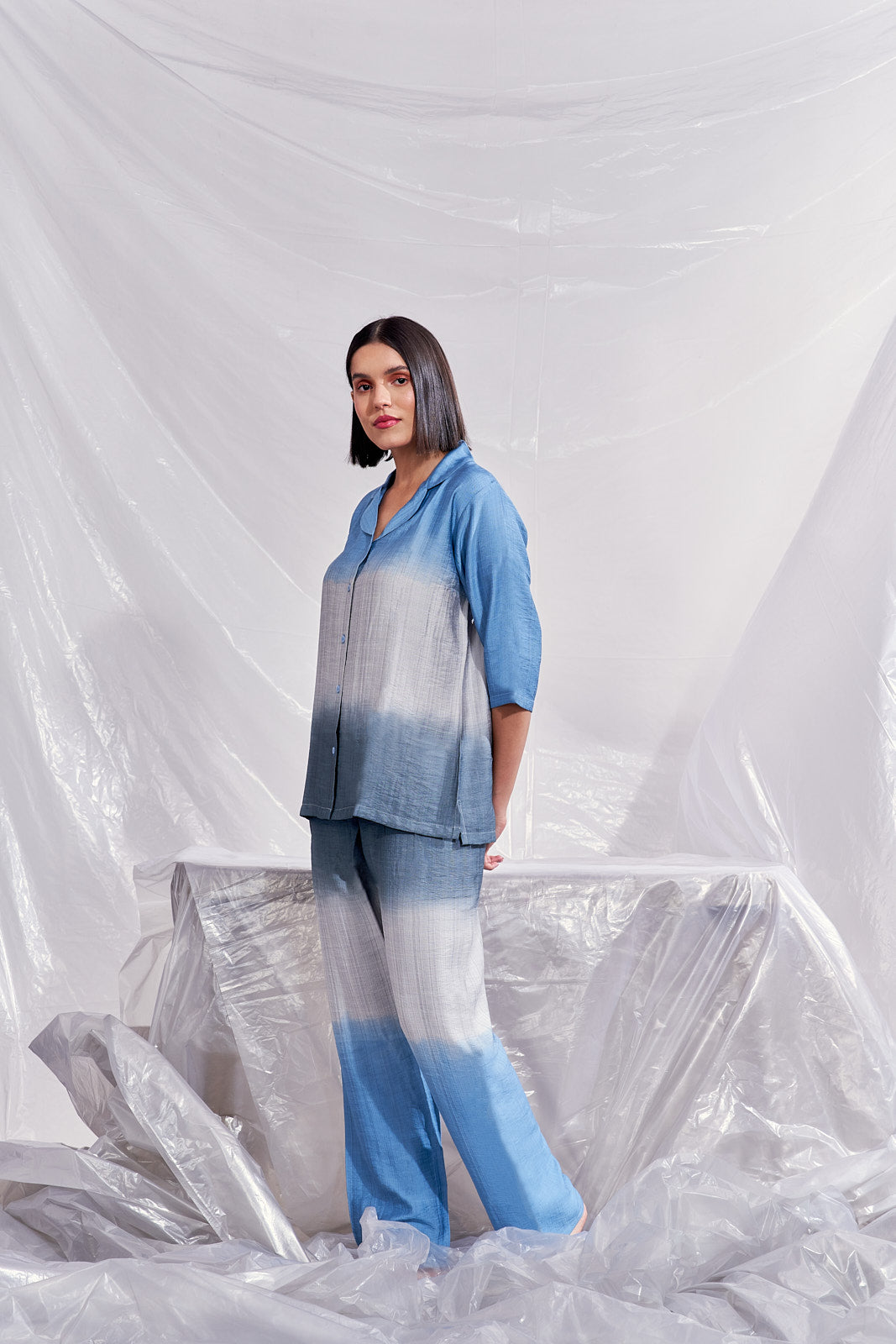 Velure Tropical Blue Co-ord Set - Velure - Shirt and Pant - 3/4 Sleeves, Collar Neck, Cotton, Front Button Open, Full Length Pant, Ombre