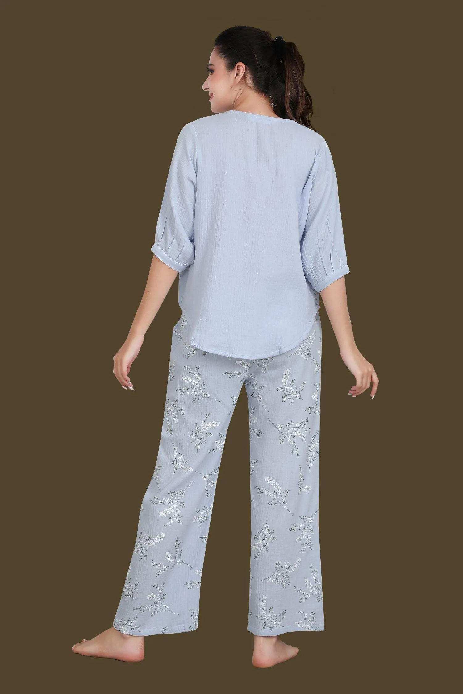 Velure Blue Floral Print Night Suit - Velure - - 3/4 Sleeves, Floral Print, Full Length Pant, Linen